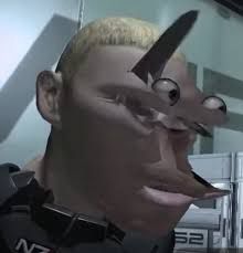 Truck Shepard, the polgygonally-deformed-to-the-point-of-eldritch mess of a face of Commander Shepard from Mass Effect 2 created by Justin and Griffin McElroy during their Monster Factory series