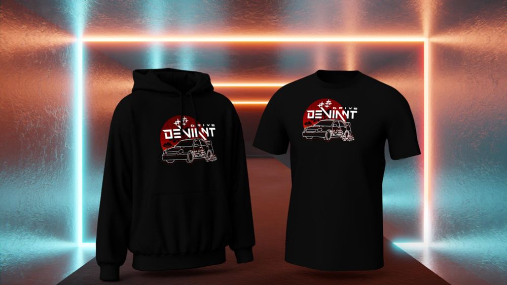 3d rendering of a hoodie and teeshirt featuring a bugeye subaru design and the drive Deviant logo