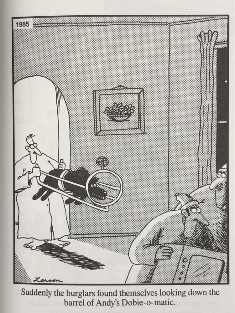 Farside cartoon featuring the Dobie-o-matic, a launch frame containing some form of largish canid(?)