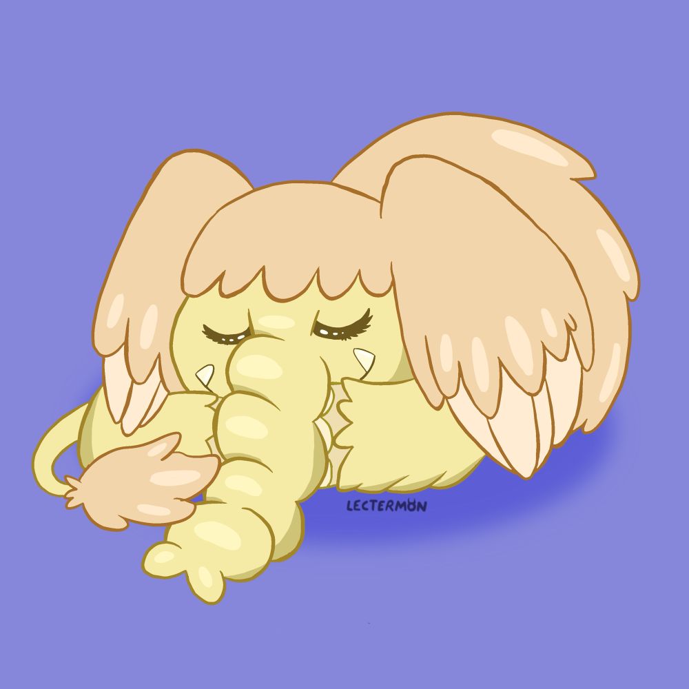 A sleeping hollyphant with winglike ears in pastel yellow and orange curled up