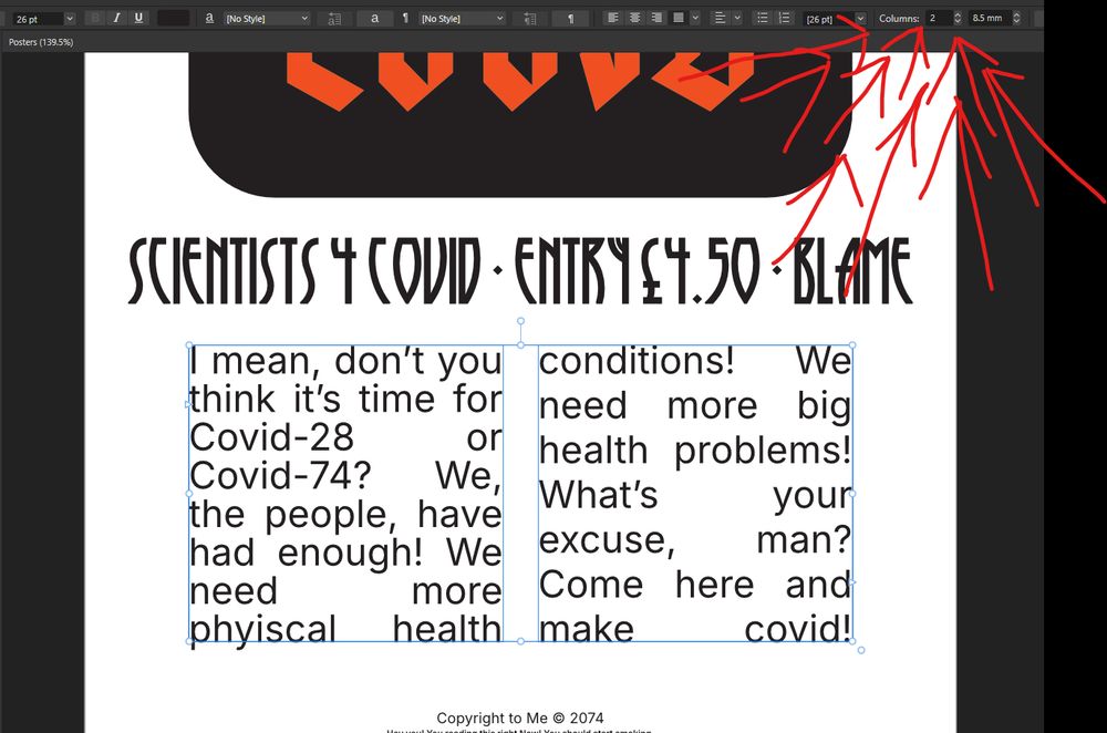 The above post in the program it was made in, many bright red arrows pointing at a setting at the top that says there are two "columns"