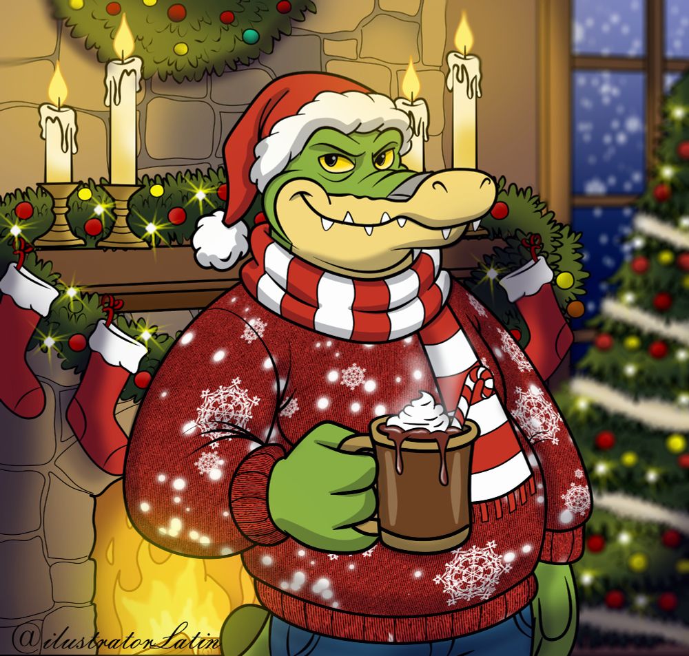 A crocodile named Brok is drinking hot chocolate in front of the fireplace, waiting for Christmas Eve.