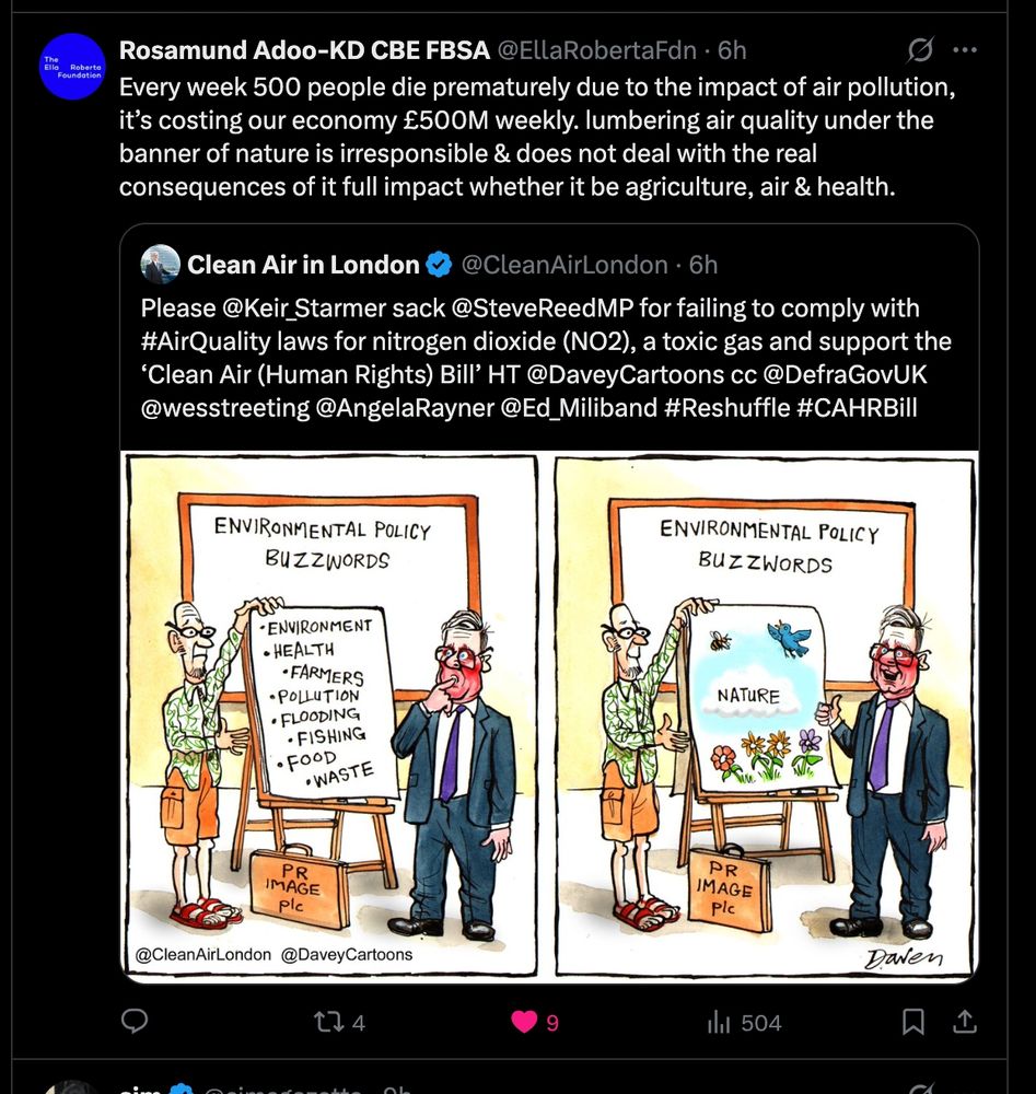 Post from Rosamund Adoo-KD CBE FBSA @EllaRobertaFdn on twitter. Every week 500 people die prematurely due to the impact of air pollution, it's costing our economy £500M weekly. lumbering air quality under the banner of nature is irresponsible & does not deal with the real consequences of it full impact whether it be agriculture, air & health.