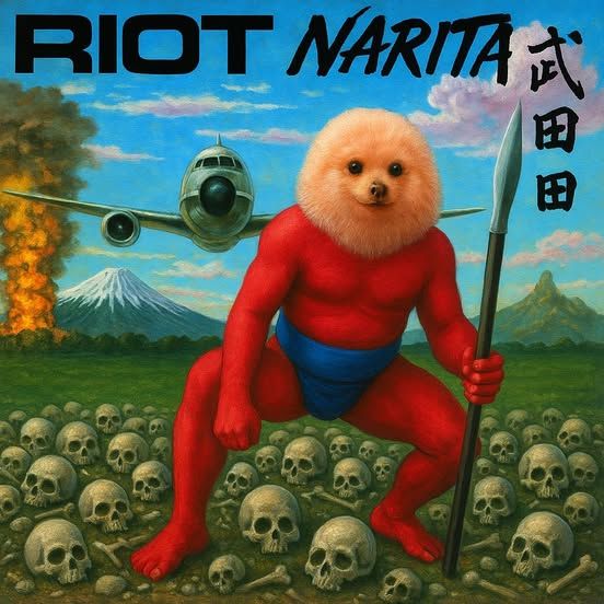 Cover art for hard rock band Riot's 1979 album Narita. Features their mascot character Johnny the Mighty Tior, a crimson coloured animorphic caveman with the head of a baby seal.