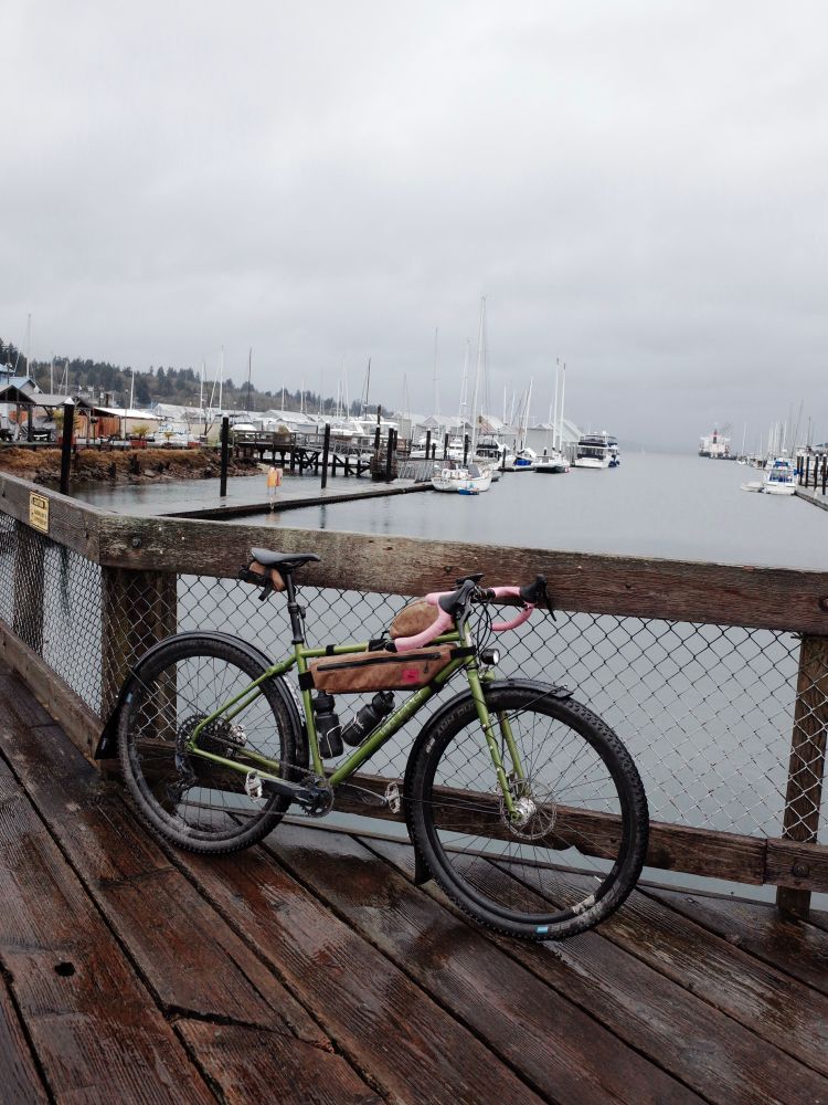 Green bike leaned up against a fence on a dock overlooking sailboats in the inlet 