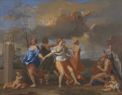 Poussin painting of four dancers , various cherubs and a musician, in front of a cloudy landscape.