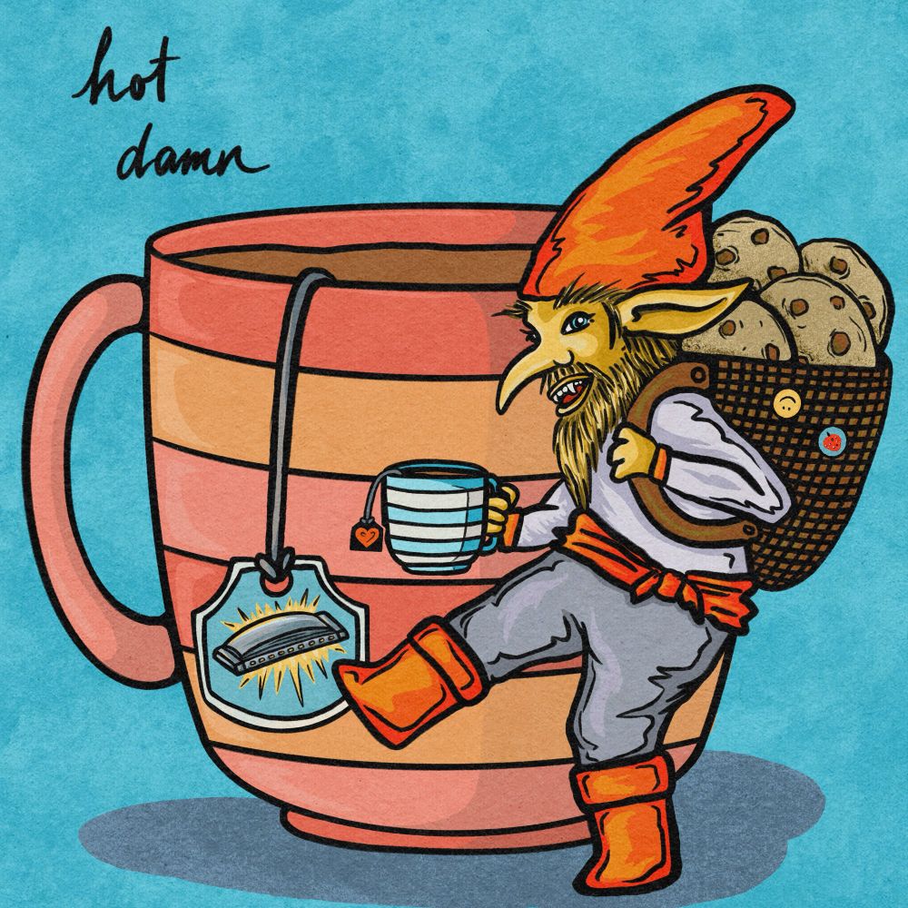 A little golden goblin in a blue and orange outfit carries a basket on his back that is filled with chocolate chip cookies. He is holding a blue and white striped cup of tea and the little tea tag has a heart on it. He is smiling and one leg is kicked up like he is doing a little dance move. He is dancing in front of a pink, yellow and orange teacup. The tea tag on that cup has a harmonica on it. There is a light blue background. Above the cup it says “hot damn” on black cursive.