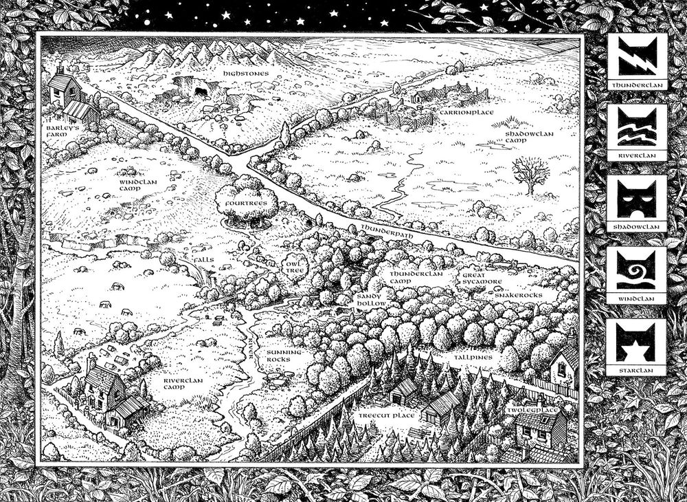 Cat-view map of the Warrior Cats territory in the books by Erin Hunter, showing the enclaves of each of the cat clans (Thunderclan, Riverclan, Shadowclan, Windclan) and the house where the story begins (Twolegs Place) 