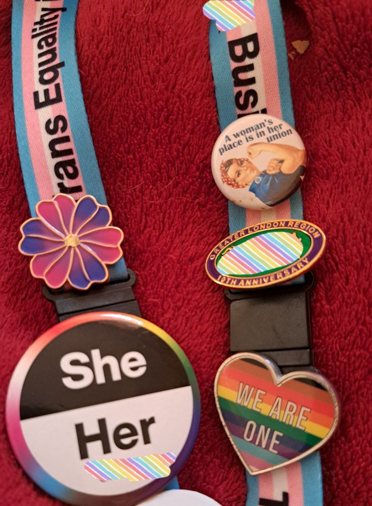 A trans-flag-coloured lanyard (visible words "Trans Equality"with a beautiful gold-lined flower pin in bisexual flag colours by Robin, a Rosie-the-Riveter badge with the caption "A woman's place is in her union", a heart with the progress pride colours badge reading "We are one", my pronouns badge (she/her) and a couple of obscured ones bc don't want to post my work here. 