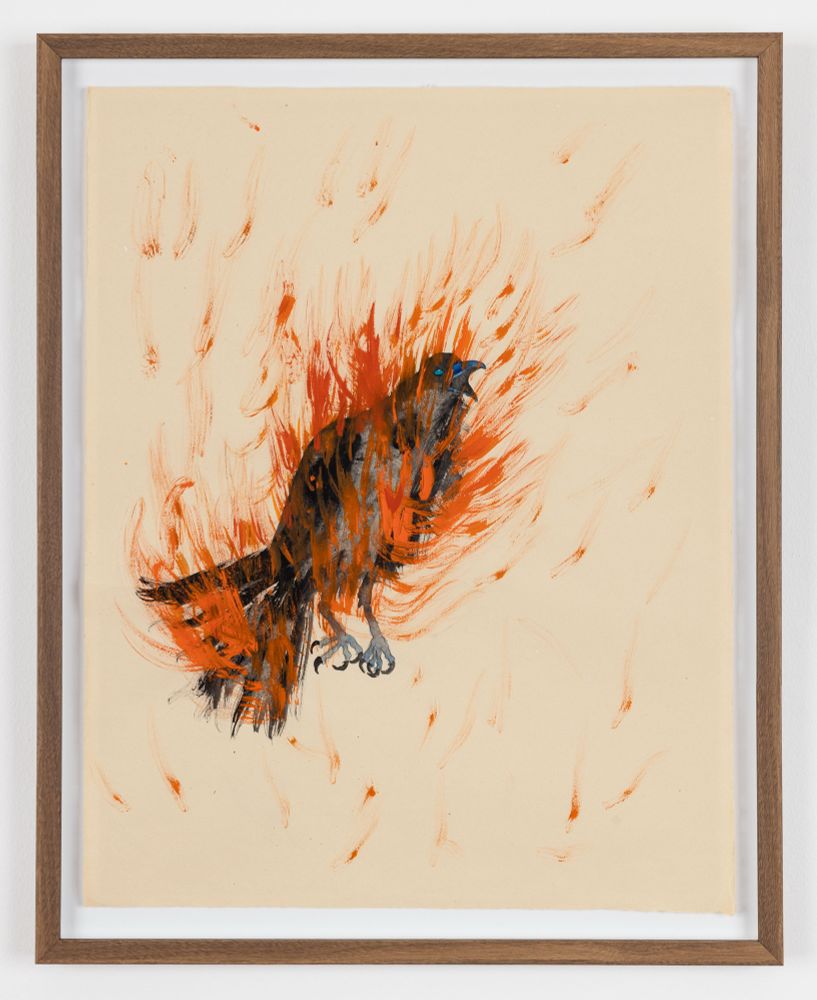 Pictured: “L.A. Raven, January, 2025”. Gouache, graphite and oil stick on paper. Framed. 25.5 x 20”.