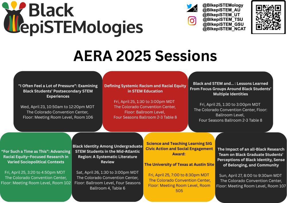 Picture describing all of the Black epiSTEMologies presentations that will take place at AERA25

Be sure to check out the program for these sessions. 