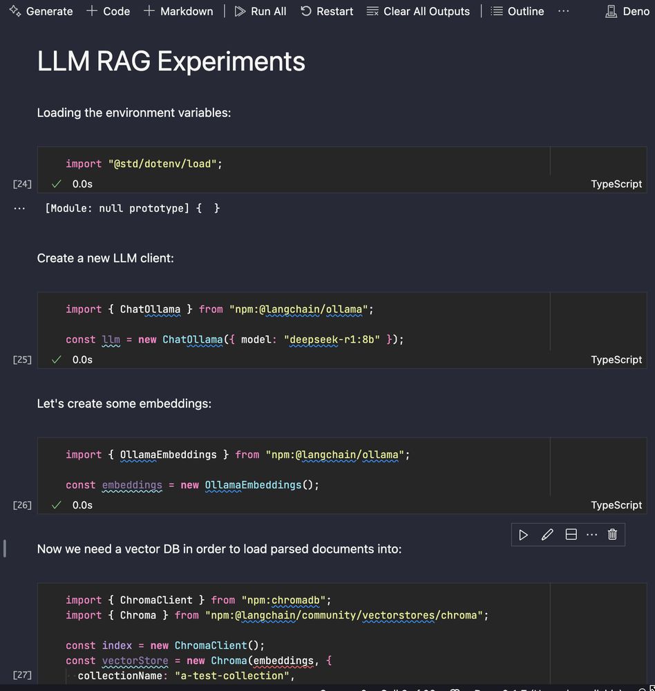 A jupyter notebook running the Deno kernel and working through the process of creating a large language model retrieval augmented generation system.