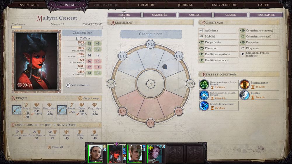 A picture from the game Pathfinder WOTR, it's a character sheet with a couple numbers and attributes. And a very nice portrait of a tiefling lady with blue eyes and blue lipstick.