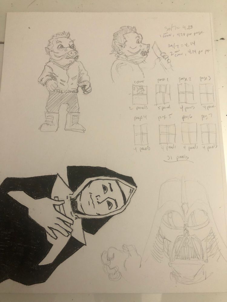 Scrap paper with La Hermana thank you drawing in grease pencil and Mynock story concepts and layout in pencil. 