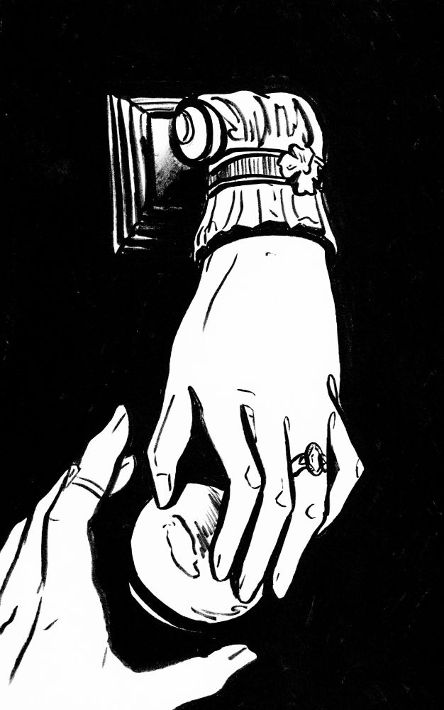 Illustration of a hand reaching for a hand shaped door knocker.