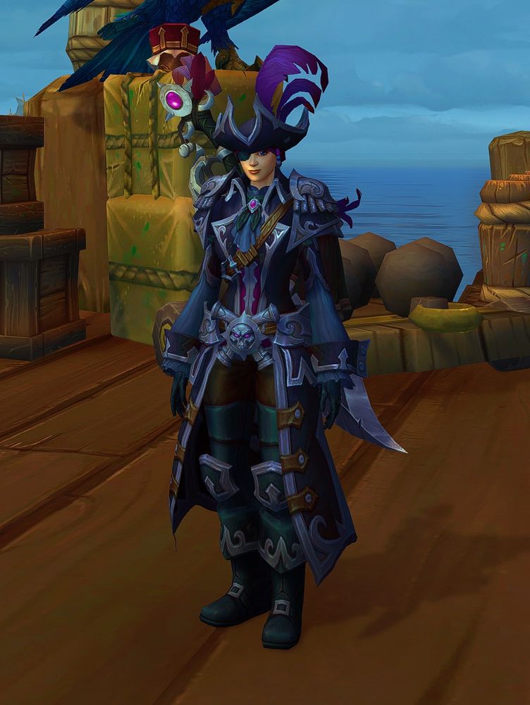 WoW Plunderstorm character wearing the Stormridden purple Plunderlord set