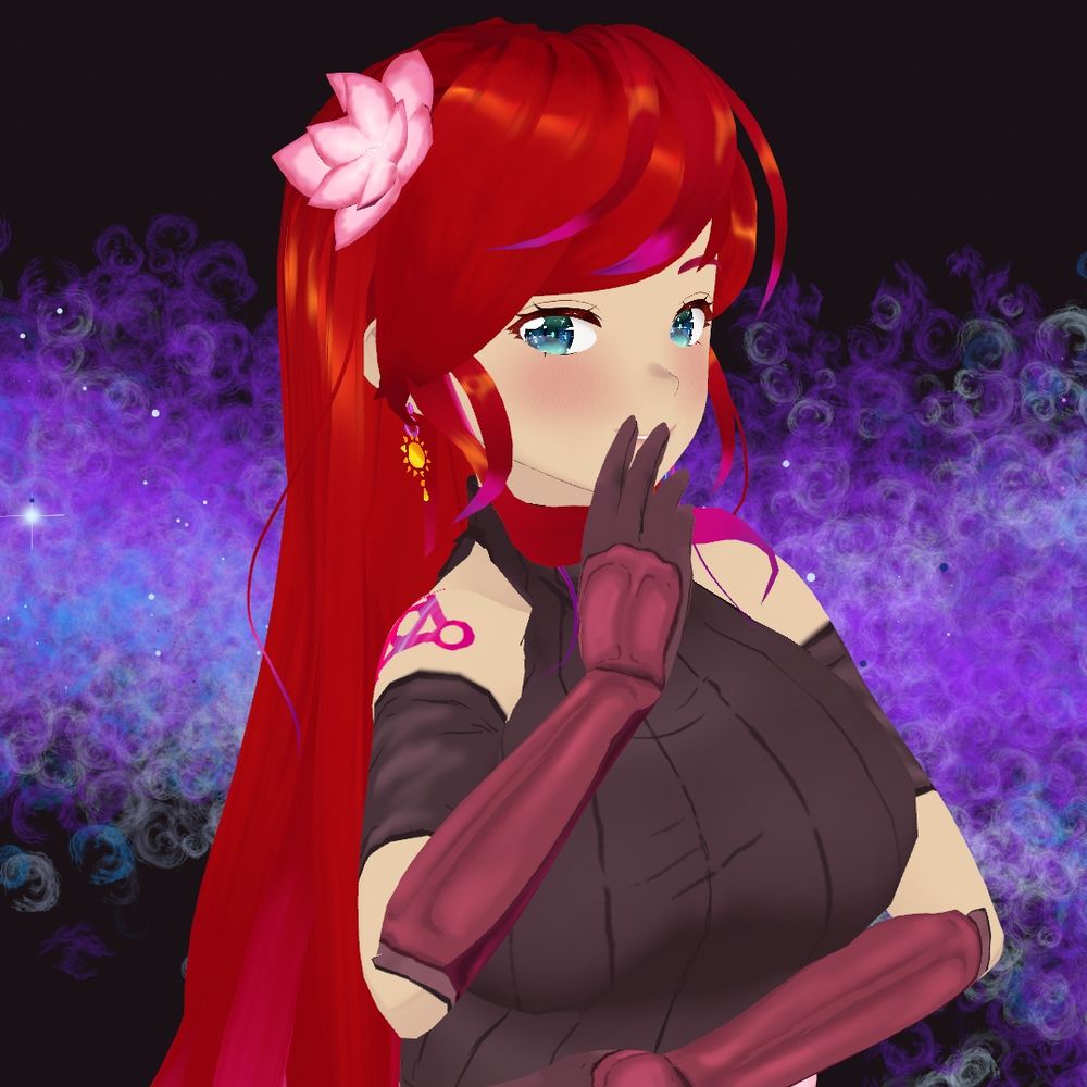 A picture of a new 3D model for Mayrune made in Vroid. She's looking at the camera thoughtfully with a smile on her face.