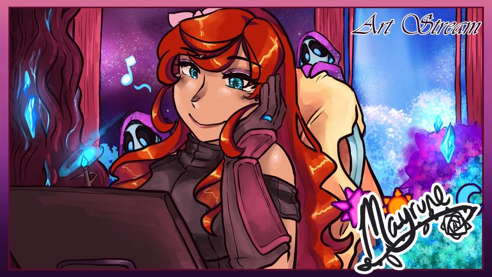 A thumbnail to notify of Mayrune's Art stream. In top right corner, there is font that says "Art Stream". The bottom right has Mayrune's logo, which has a start, sun, and moon shapes behind it. 
Mayrune is seen drawing on her tablet, humming while seated against a cream colored blanket with two little representations of chat watching her work. There is a large tree on the left with glowing crystals floating. A skyscape is behind her with pillars and flowers behind her as well.