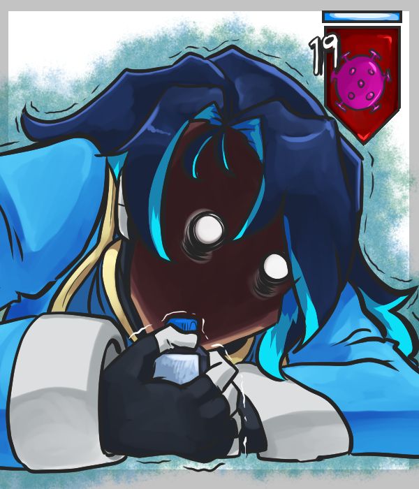 Xavier, upset with a stack of sickness with a 19 on the level. He has a blue/green glow around him and he is gripping a bottle and shaking.