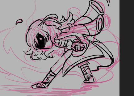 A screenshot of a black line art with a pink sketch layer underneath. It's a man in a long coat with his messy hair tied back. His eyes are obscured and has a few petals in the air around him. He is posed as to glare towards the viewer. His pose is aggressive as if preparing to strike. 