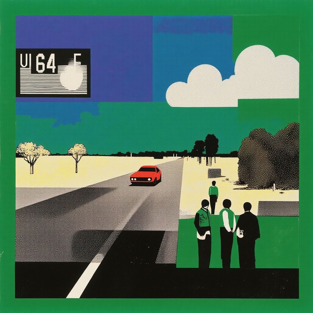 Stylized digital artwork with a retro video game aesthetic. A long, straight road cuts through a surreal landscape, leading into the horizon. A red car drives toward the viewer, creating an illusion of movement. In the foreground, three shadowed figures stand near a green structure, observing the scene. The background features pixel-like trees, abstract cloud formations, and a digital road sign displaying 'U 64 E.' The composition plays with parallax effects, evoking the feel of early computer graphics, synthwave aesthetics, and experimental no-wave disco punk visuals.