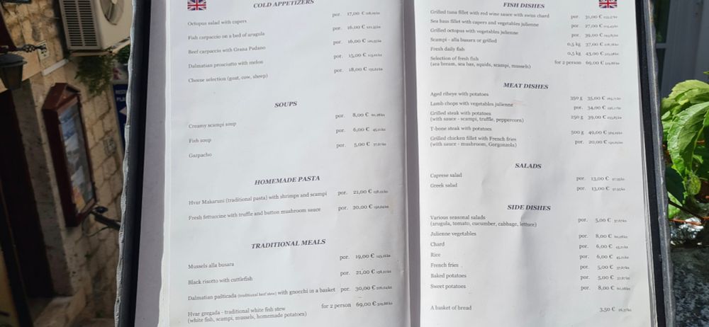 A menu from a restaurant in Hvar, Croatia. 