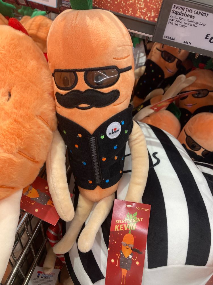 “Secret Agent Kevin”: a carrot plushie with a big black moustache wearing sunglasses, a zip up black vest with rainbow spots, and an “I ❤️ rudolph” pin. You could tell me he was inspired by gay leather fetish art and I’d believe you.