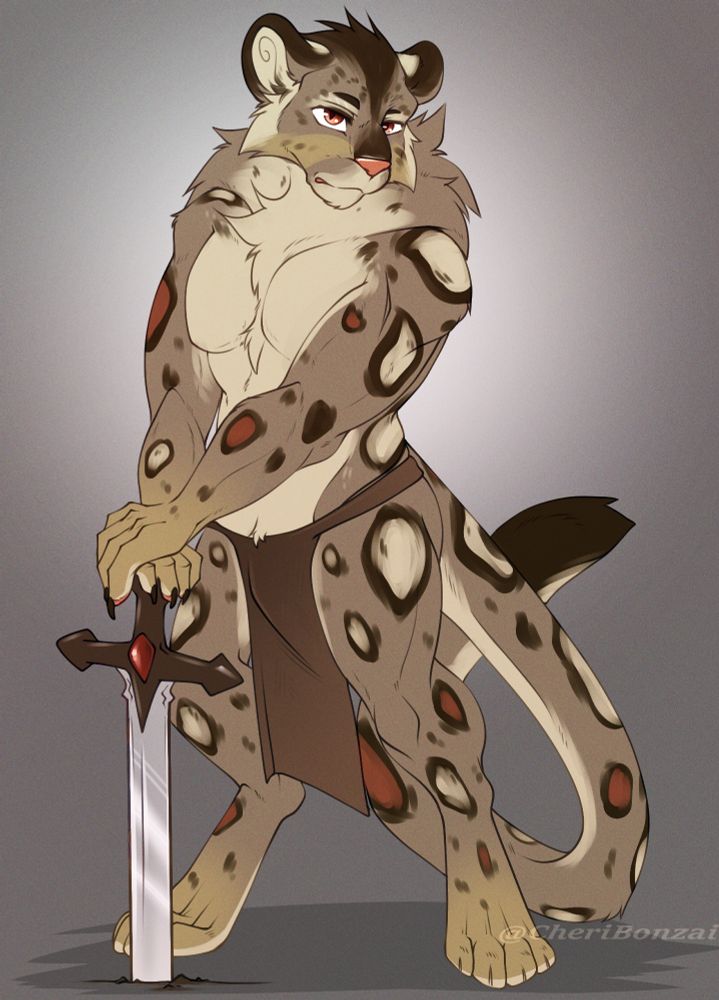 stoic male snow leopard furry standing in a herioc pose with his hands atop the hilt of a sword that is thrust into the ground in front of him