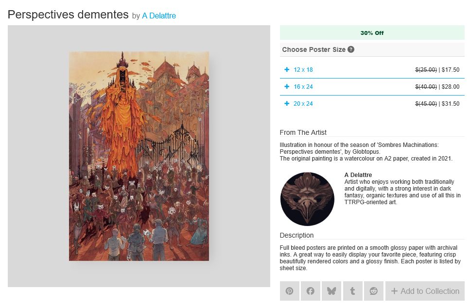 capture d'écran de la fiche produit d'un site de print où j'ai déposé mon illustration du roi en jaune avec toute une masquarade.