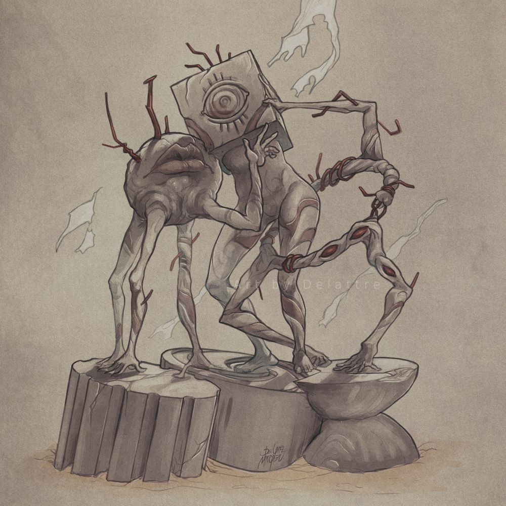 Dessin de trois créatures appelées « Les Inachevés », qui sont des sculptures en argile qui, comme leur nom l'indique, n'ont jamais été terminées. Ces trois créatures ne ressemblent à rien de connu, la première est une boule avec 4 longs bras servant de jambes et une énorme bouche, la seconde un cube sur une paire de jambes avec un œil sur chaque face et la dernière est une sorte de cerceau avec trois bras.
Chacun est fait d'argile claire et des bouts de métal cuivré sortent d'un peu partout.