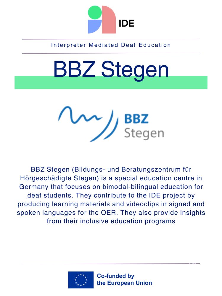Graphic introducing BBZ Stegen, a special education center in Germany focused on bimodal-bilingual education for deaf students, with a green banner and the BBZ Stegen logo.