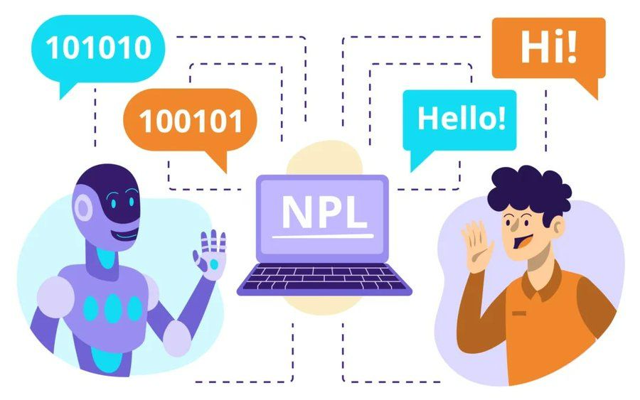 Robot hablando en código binario y persona hablando en inglés se comprenden gracias a un portátil que representa NPL.