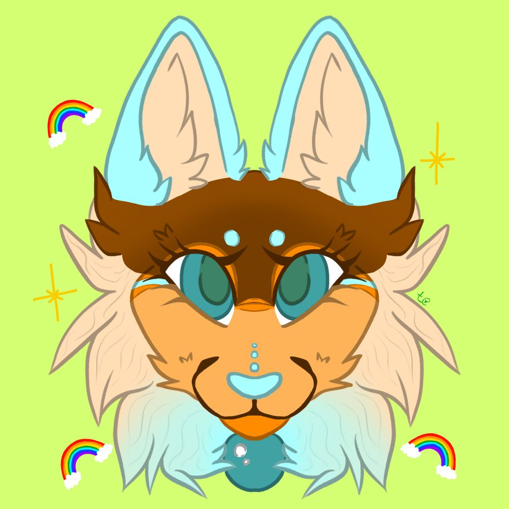 A cartoon styled fox with various brown shades, blue ears/eyes, and a blue orb beneath her chin. The background is light green with little rainbows and stars surrounding her.
