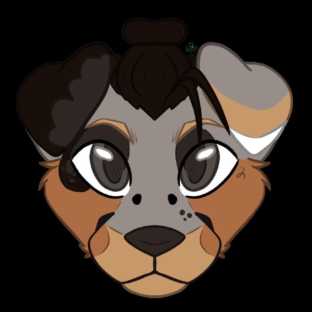 A cartoon styled catahoula dog with grey, light tan, dark reddish brown, dark brown and and greyish brown colors. He has grey/brown eyes.