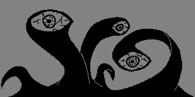 A sketch of several eye stalks emerging from a larger black mass.  The eyes are all bloodshot, and are staring intensely at the screen.