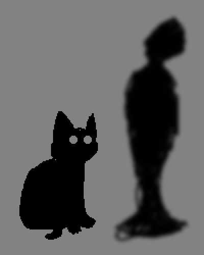 A sketch of a black cat in a seated position, and a blurry sketch of a humanoid silhouette, against a gray background.