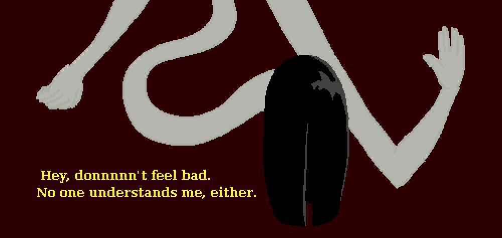 A sketch of Long-Arms against a dark red background.  They're hanging in from the top of the frame, one hand braced against the background, another raised in greeting.  They're saying, "Hey, donnnnn't feel bad. No one understands me, either."