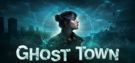 ghost town logo, a woman stands in front of a city in a storm with a ghostly sigil framing her