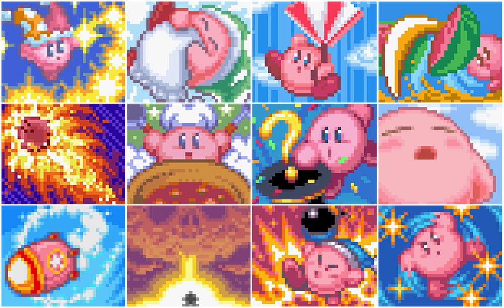 An image laid out in the same way as the first, but instead is a collection of the original sprite work from the game that the previous paintings were based on.