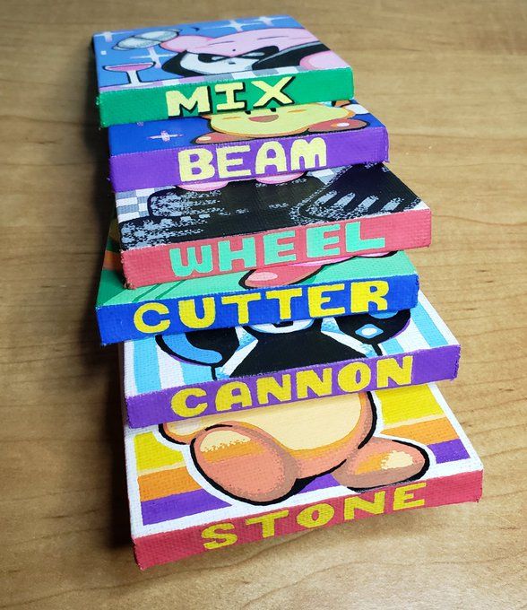 6 portraits angled in a way to show their bottom edges. On these bottom edges, the text for the corresponding portraits are painted out. From top to bottom, the text is: Mix, Beam, Wheel, Cutter, Cannon, Stone