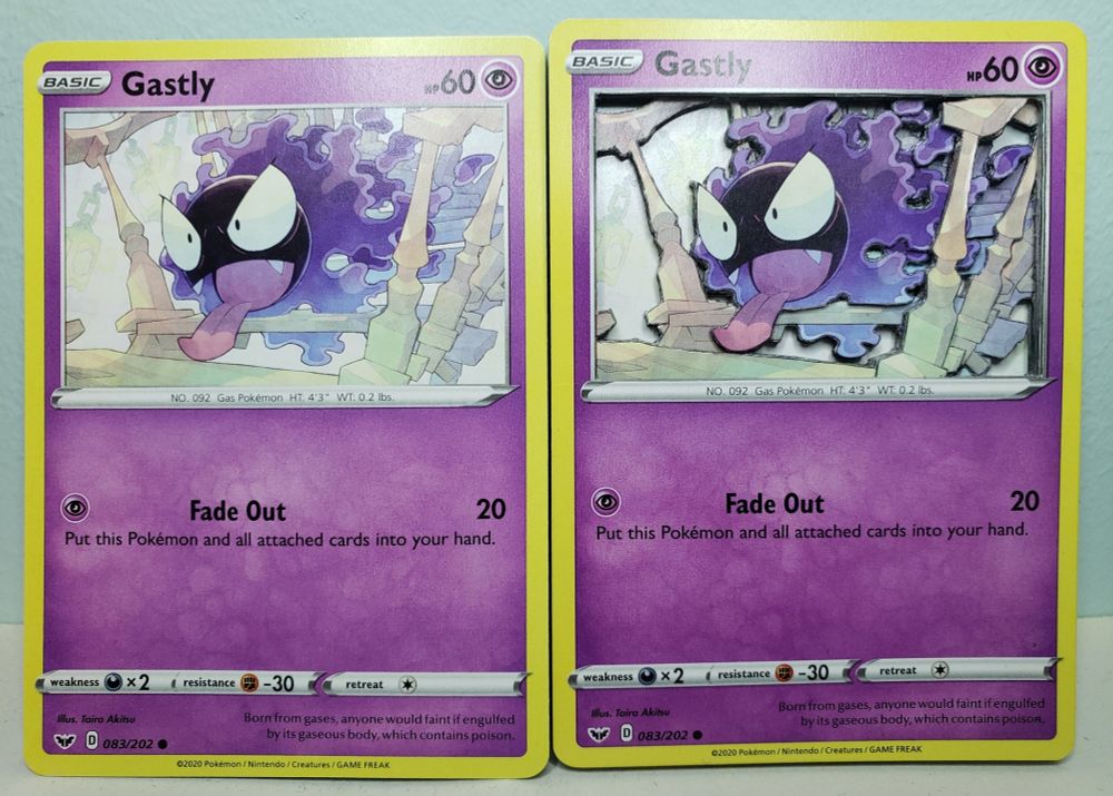 A card diorama of Gastly. On the left is the standard card with a Gastly floating down a staircase with fancily carved banister posts. On the right, is a version of this card with depth that I constructed. 