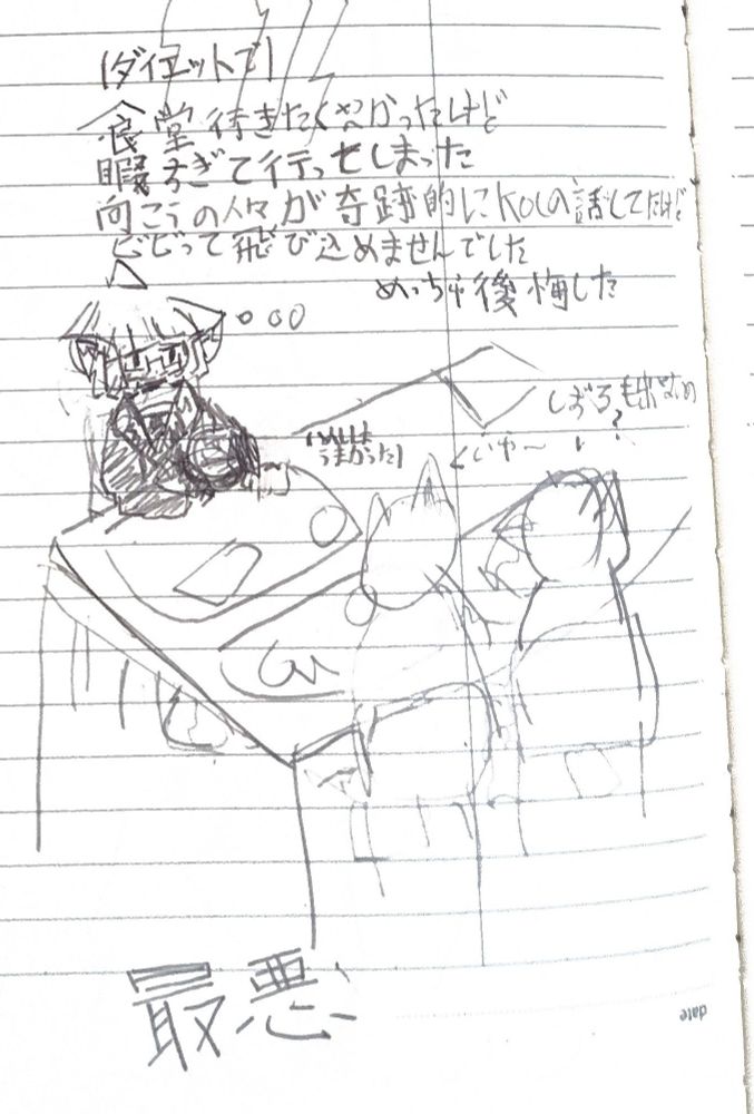 「（ダイエットで）食堂行きたくなかったけど暇すぎて行ってしまった。向こうの人々が奇跡的にKOCの話してたけどビビって飛び込めませんでした。めっちゃ後悔した。最悪」