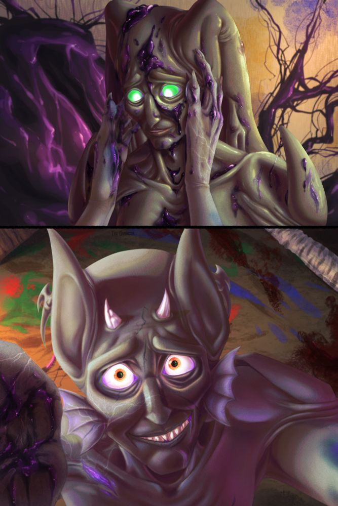A vertical, two-panel digital painting of two grey, humanoid monster figures. 
The top panel is a bust-up portrait of a figure covered in black-purple sludge. They have large, green eyes with slit white pupils, long and drooping ears hanging behind their shoulders, and pointed pads on their shoulders. They are looking downward. There are two long, bruised hands reaching up from the bottom of the panel, gently cupping the figure's face. The background is a large, out-of-focus mass of black-purple sludge.
The bottom panel is a bust portrait of the second figure reaching upward. They are looking directly into the camera. They have tall, conical ears, short cracked horns, a lopsided smile, and open fins on the sides of their jaw. They are covered in bruises and scratches. The background is a floor covered in dried paint and dried blood.