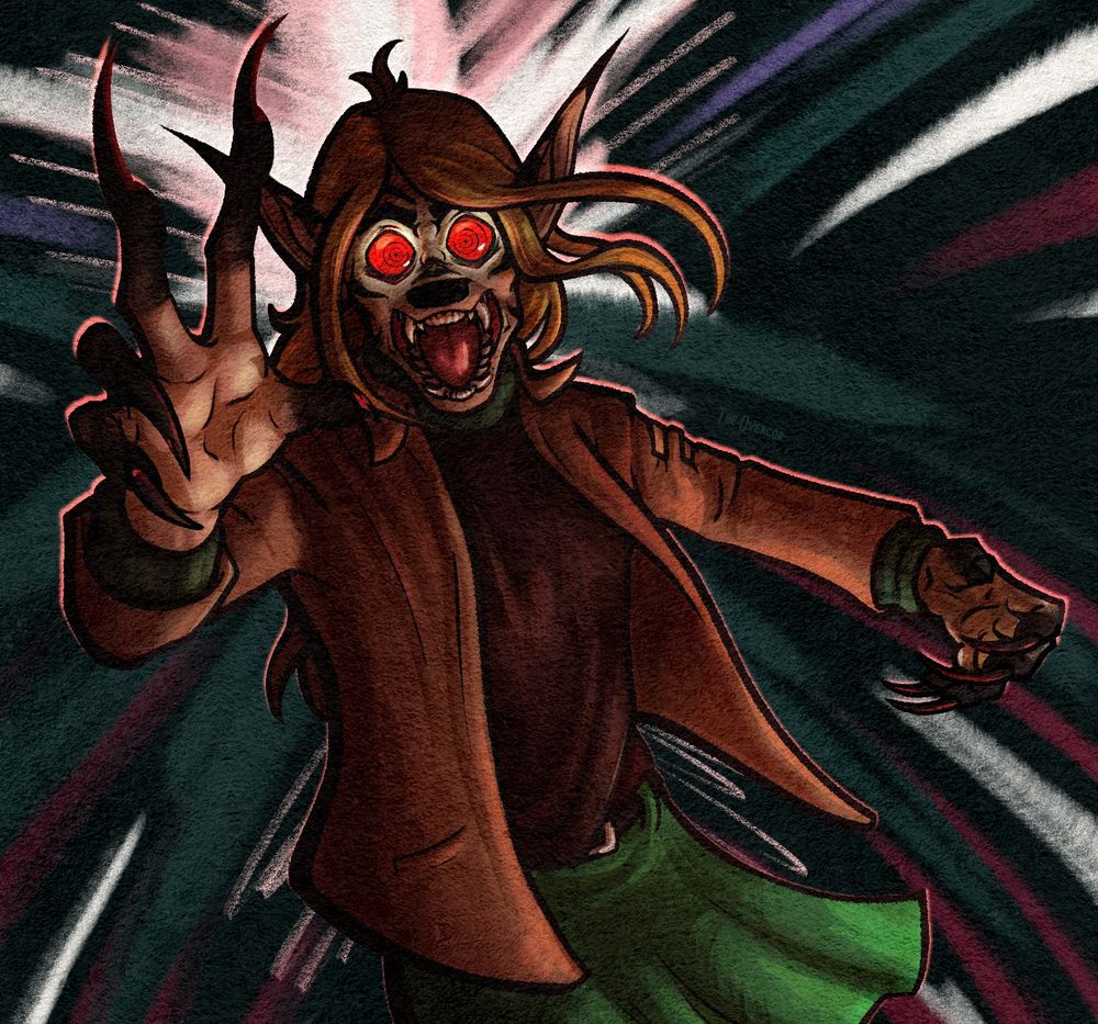 A digital drawing of a halfbody of a humanoid figure with stark red eyes, long pointed ears, long fingers with black claws, and animal-like teeth. The figure is in a dynamic foreshortening pose to reach for the viewer. The figure is wearing a brown jacket, green sweater, and green skirt.