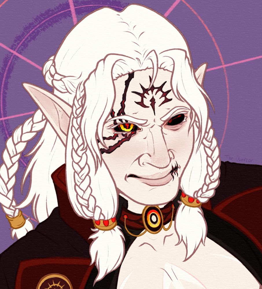An unshaded digital drawing or a portrait of an albino man. He has long hair with braided bangs and a secondary braid wrapping around the back of his head. He has red and black scarring on his right eye (viewer's left) and an occult symbol on his forehead. He has black eyes, the right eye having a gold iris. He is wearing red and black robes.