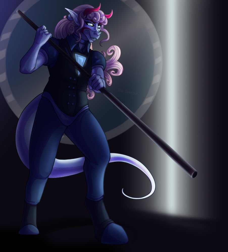 A digital fullbody drawing of an anthropomorphic dinosaur alien holding a black staff/stick. She has pink hair with curly ends, red horns, pale mint-colored skin, and a navy blue suit and vest.