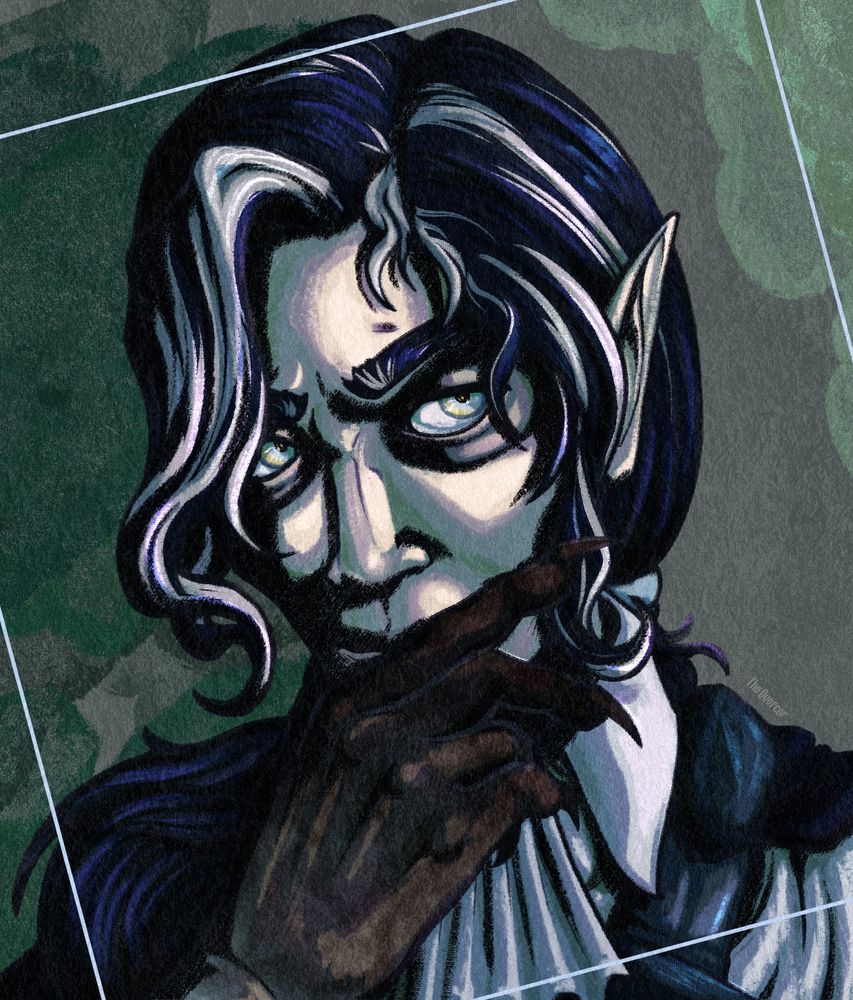 A sketchy digital portrait of a pale man holding a black, clawed hand up to his chin. He has black hair with white stripes pulled into a low ponytail, silver eyes, and dark metal armor.