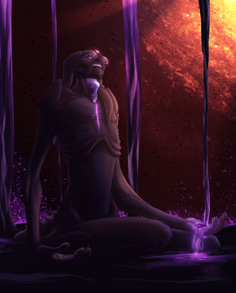 A digital painting of a dark-grey, humanoid monster figure sitting/kneeling in a pool of black tar. Their arms are long and held limply at their sides, with the far hand holding the palm upward to catch a stream of tar coming from the top of the canvas. The figure has long ears, red eyes with white pupils, and round glasses. They are looking upward, towards a yellow-orange light off-canvas. There is a violet "crack" on their chest.