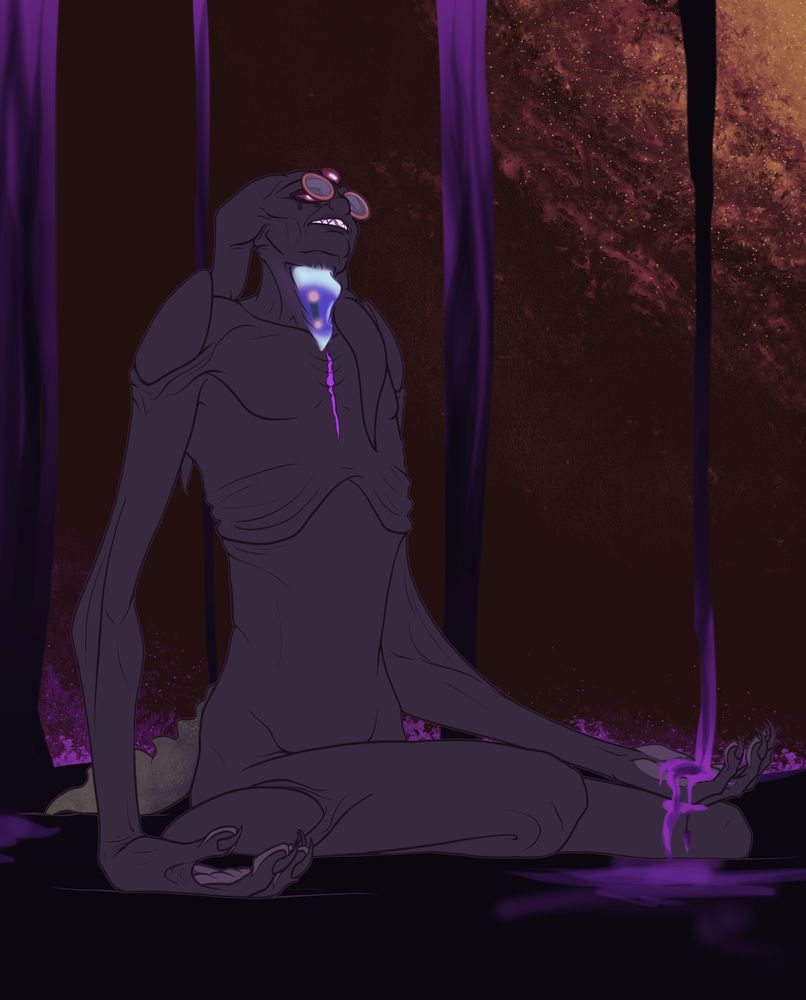 A flat digital drawing of a dark-grey, humanoid monster figure sitting/kneeling in a pool of black tar. Their arms are long and held limply at their sides, with the far hand holding the palm upward to catch a stream of tar coming from the top of the canvas. The figure has long ears, red eyes with white pupils, and round glasses. They are looking upward, towards a yellow-orange light off-canvas. There is a violet "crack" on their chest.