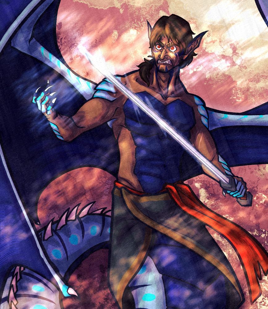 A digital painting of a man with dragon-like features. He has blue facial markings; blue shoulder, arm, and belly scales; large blue wings; and a two-tone blue tail. He is sneering and holding a large, glistening sword.